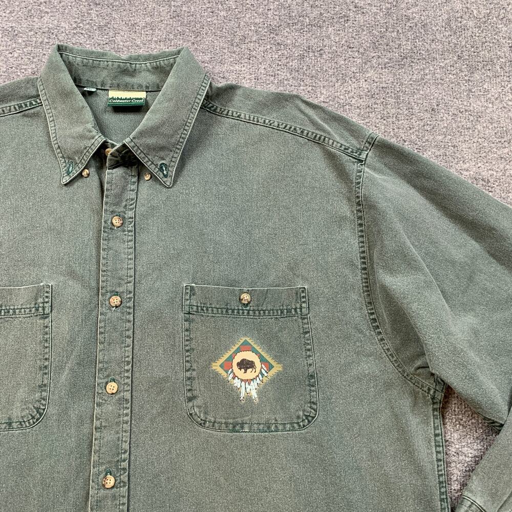Vintage Coldwater Creek Shirt Mens 2XL XXL Green Washed Workwear Native American - Picture 3 of 9